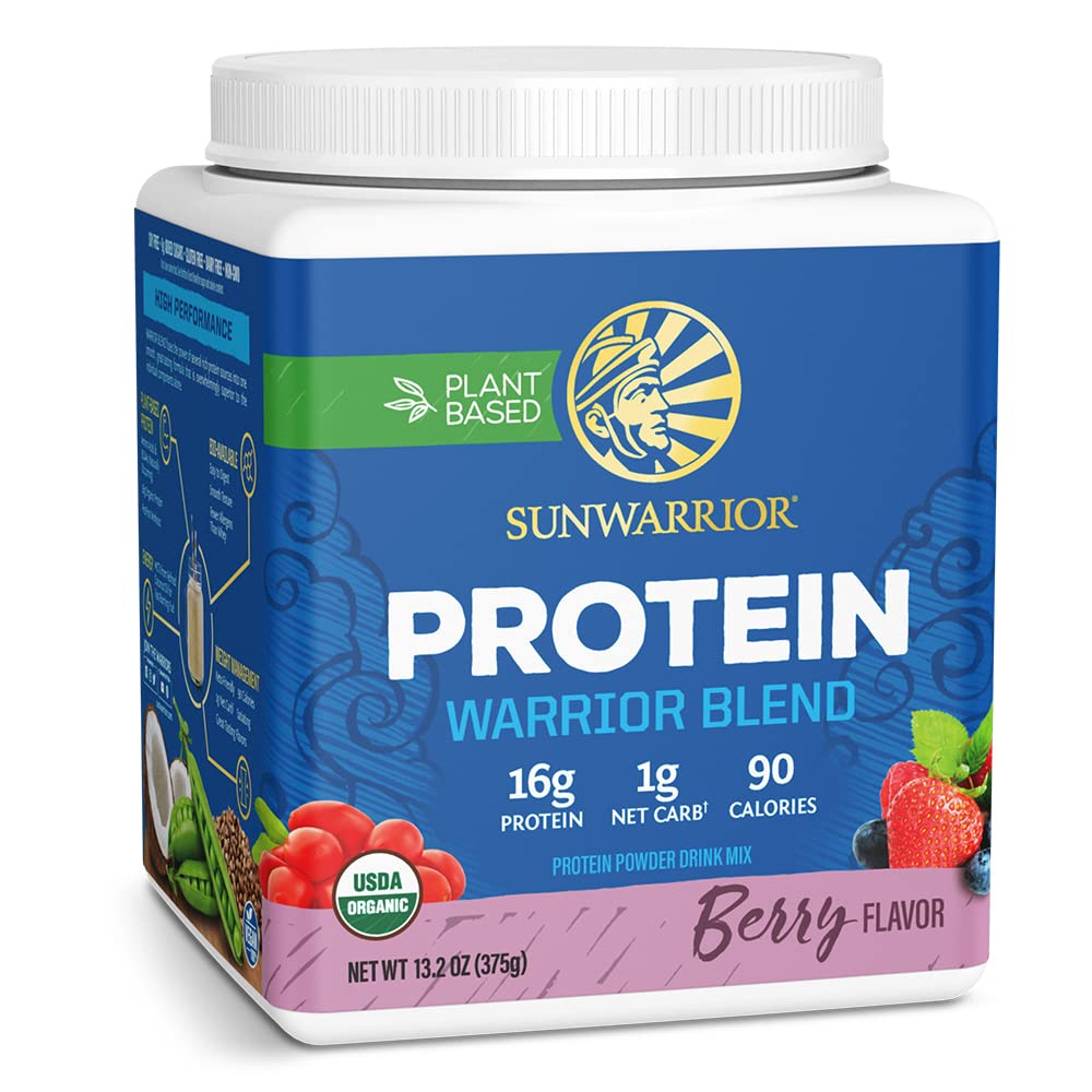 Sunwarrior Warrior Blend Berry bottle showing label with vegan protein elements