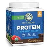 Sunwarrior Warrior Blend chocolate powder tub for plant-based protein after workouts.