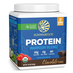 Sunwarrior Warrior Blend chocolate powder tub for plant-based protein after workouts.