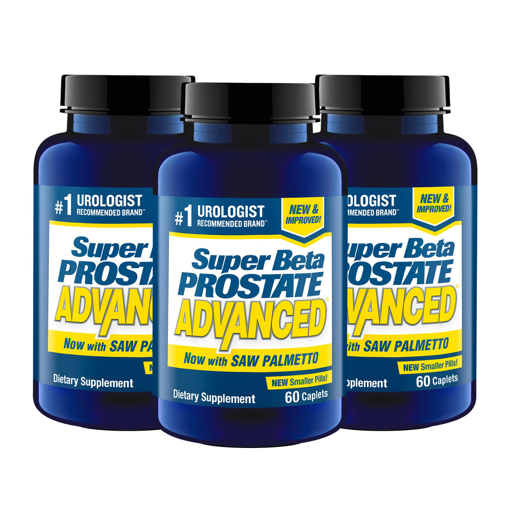 SUPER BETA PROSTATE Advanced bottle closeup with label and dosage information for daily use.