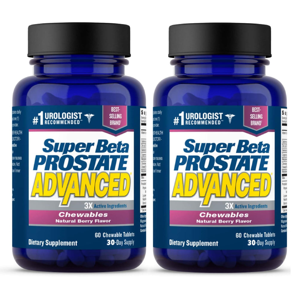 SUPER BETA PROSTATE Advanced bottle front view showing berry-flavored chewables for easy daily use.