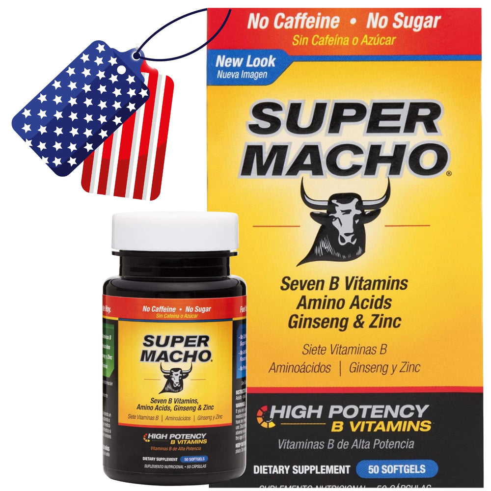 Super Macho bottle front view showing a high-potency daily supplement for active men.