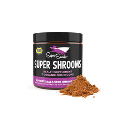 Super Snouts Super Shrooms bottle with pour spout highlights immune support for pets.