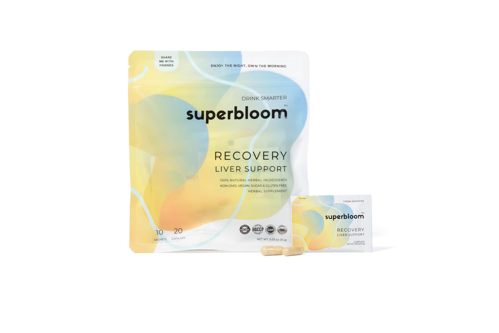 Superbloom Recovery liver support sachets ready for on-the-go use after a night out.