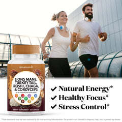 Label features Reishi, Cordyceps and Chaga components in capsules for daily wellness