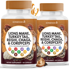Superfood MD Lions Mane bottle shows turkey tail blend for daily focus