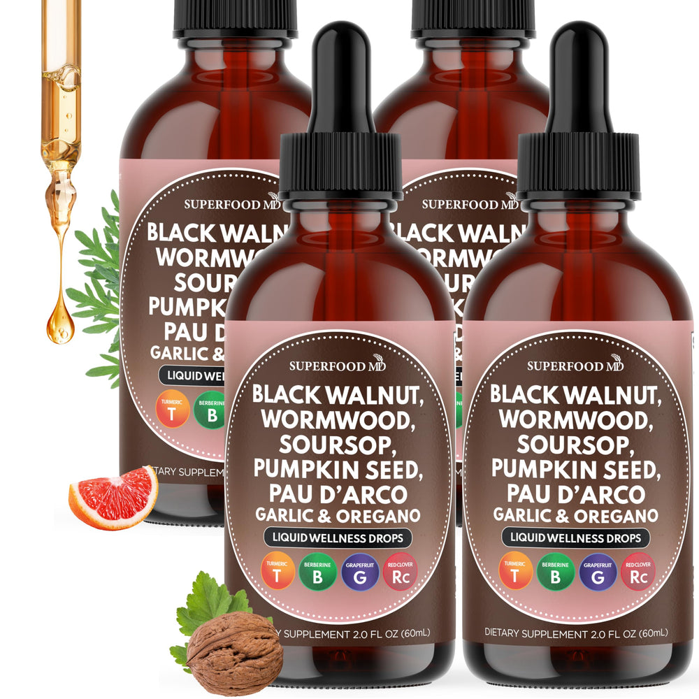 Superfood MD Wormwood Black Walnut Cleanse bottle pour for convenient daily use and digestive balance.