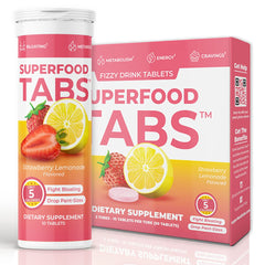 Superfood Tabs detox bottle with strawberry lemonade for a refreshing cleanse.