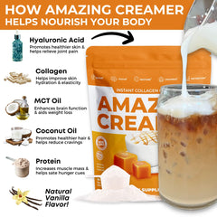 Close-up of ingredients label featuring collagen, MCT oil, and hyaluronic acid
