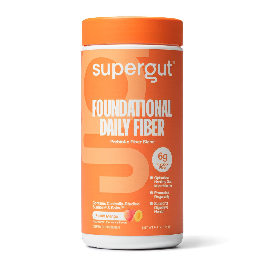 Supergut Foundational Daily Fiber Powder bottle in Peach Mango for easy daily fiber