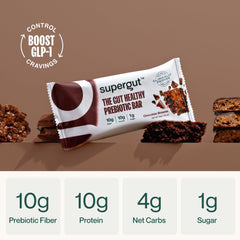 Supergut GLP-1 bars chocolate brownie bar closeup highlights protein-packed nourishment.