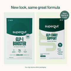 Powder scoop beside the Supergut GLP1 Daily Support tub for easy, daily servings.