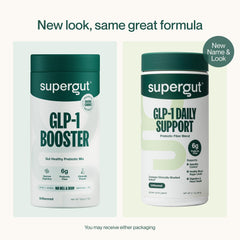Supergut GLP-1 Daily Support scoop beside powder shows convenient, fiber-rich serving