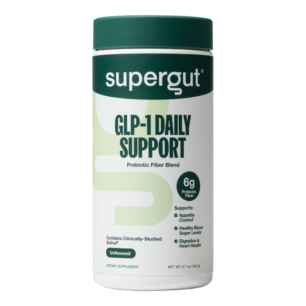Supergut GLP-1 Daily Support tub label highlights high-fiber formula for gut health