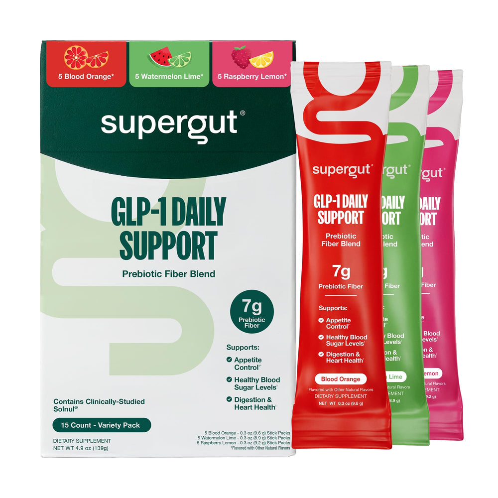 Supergut GLP-1 Daily Support variety-pack tub shows convenient fiber blend for digestive support