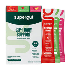 Supergut GLP-1 Daily Support variety-pack tub shows convenient fiber blend for digestive support
