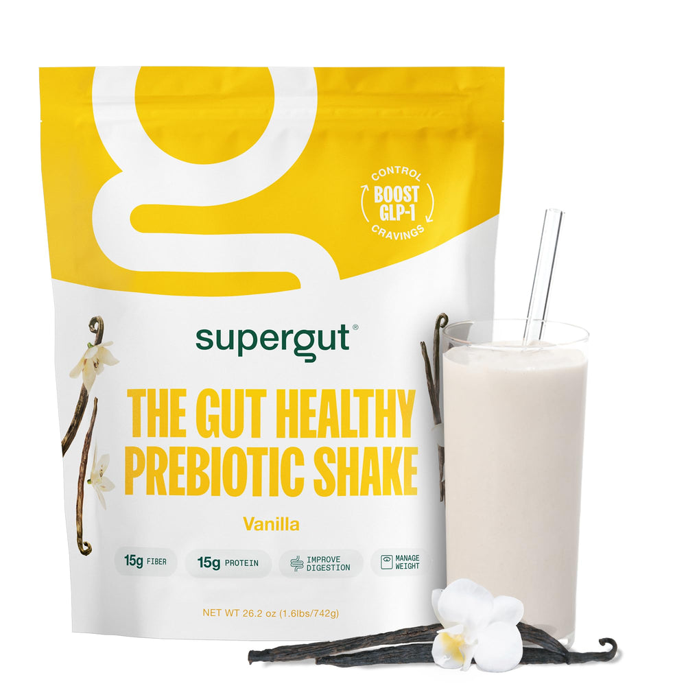 Supergut Vanilla shake being poured; supports fullness and gut health