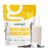 Supergut Vanilla shake being poured; supports fullness and gut health
