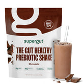 Supergut Prebiotic Shakes chocolate front pack highlights protein and fiber for satiety