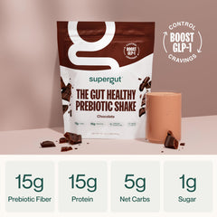 Supergut Prebiotic Shakes chocolate shake glass ready for quick meal replacement