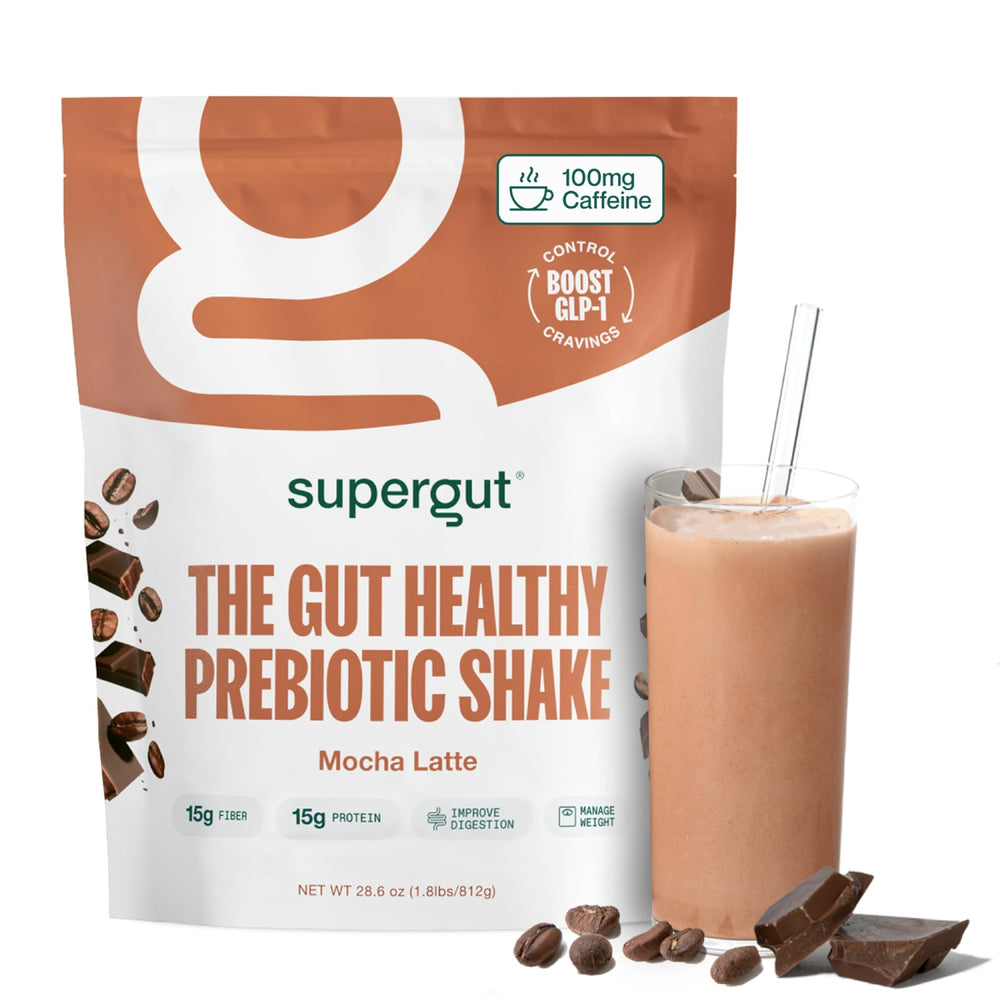 Supergut Prebiotic Shakes Mocha Latte bottle showing convenient on-the-go nutrition