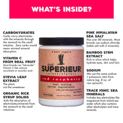Superieur Electrolytes plant-based ingredients label emphasizes vitamin C and minerals.