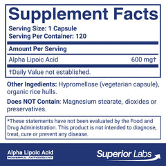 Alpha Lipoic Acid 600 mg capsules from Superior Labs arranged for daily use