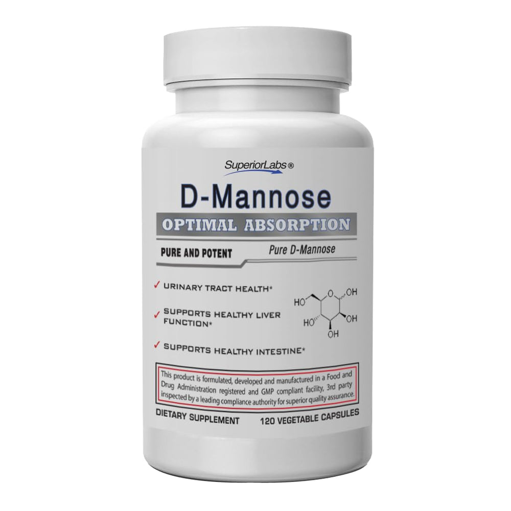 Superior Labs D-Mannose 500mg bottle with capsules, supports urinary and digestive comfort.