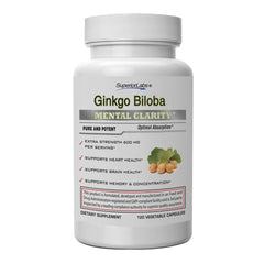 Superior Labs Ginkgo Biloba bottle close-up shows memory support and antioxidant potential
