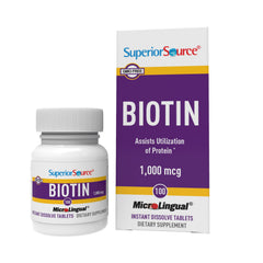Superior Source Biotin 1000mcg under-tongue tablet bottle supports hair, skin, and nails