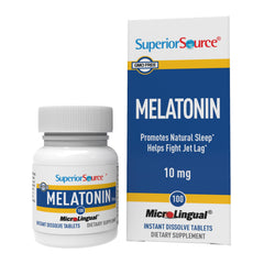 Superior Source melatonin tablets dissolving under the tongue for fast sleep support.