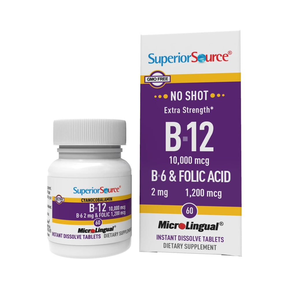 Superior Source No Shot B12 cyanocobalamin tablets for rapid absorption.