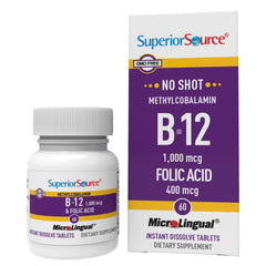 Superior Source No Shot B12 Folic Acid tablets in bottle support daily wellness