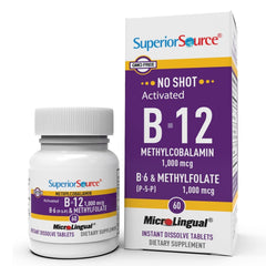 Superior Source No Shot B-12 methylcobalamin tablets in a bottle support energy metabolism.