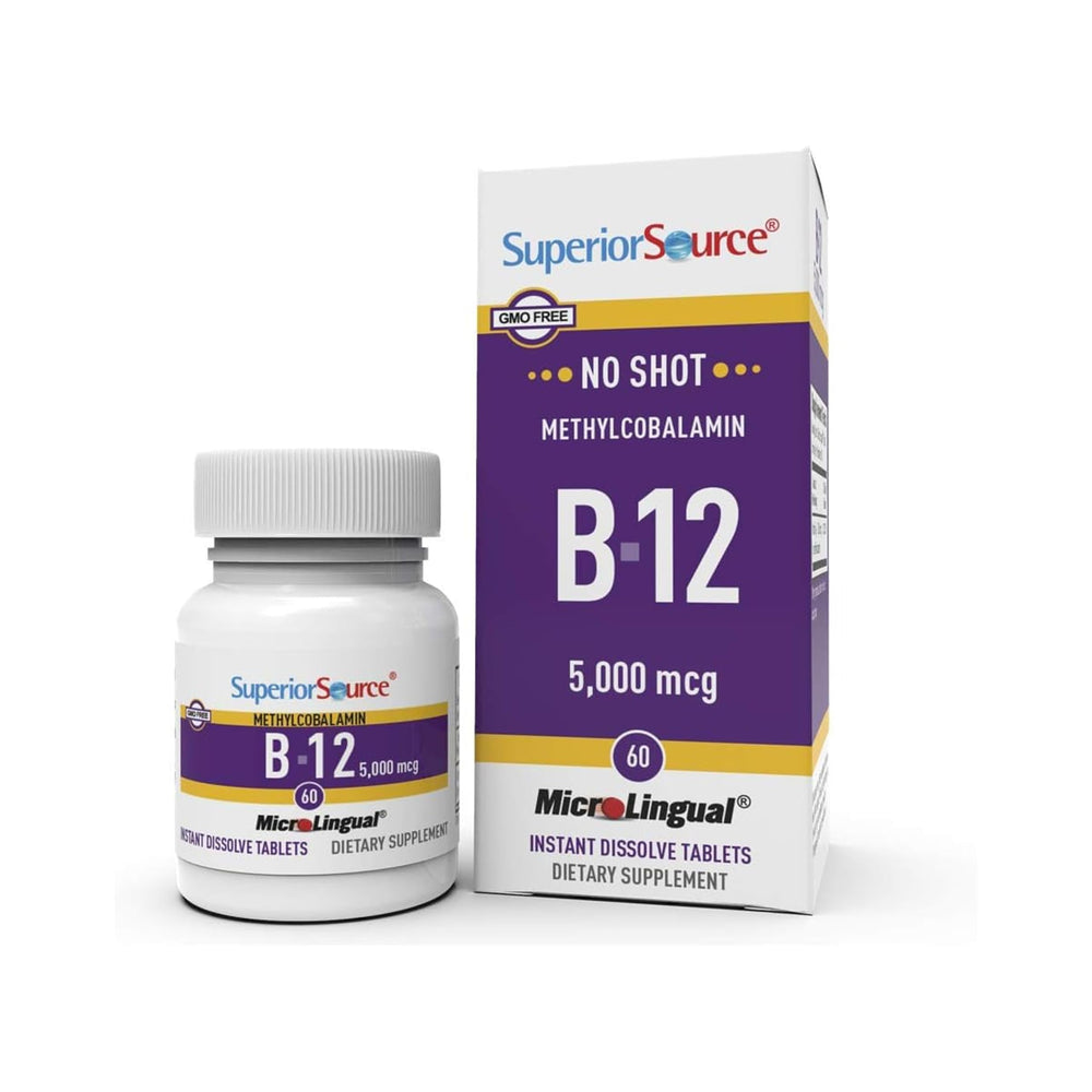 Superior Source No Shot B-12 tablet dissolving under tongue for quick energy support.
