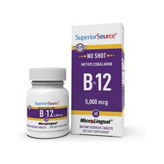 Superior Source No Shot B-12 tablet dissolving under tongue for quick energy support.