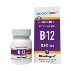 Superior Source No Shot B-12 tablets dissolving on the tongue for fast absorption