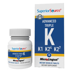 Superior Source Triple K bottle front shows bone-health formula and easy-dissolve tablets.