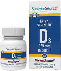 Superior Source Vitamin D3 5000 IU bottle with easy sublingual tablets for immune support.