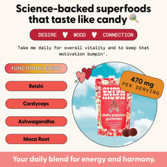 SuperMush Horny Goat Weed Gummies assembly highlights convenient two-gummy daily servings for energy support