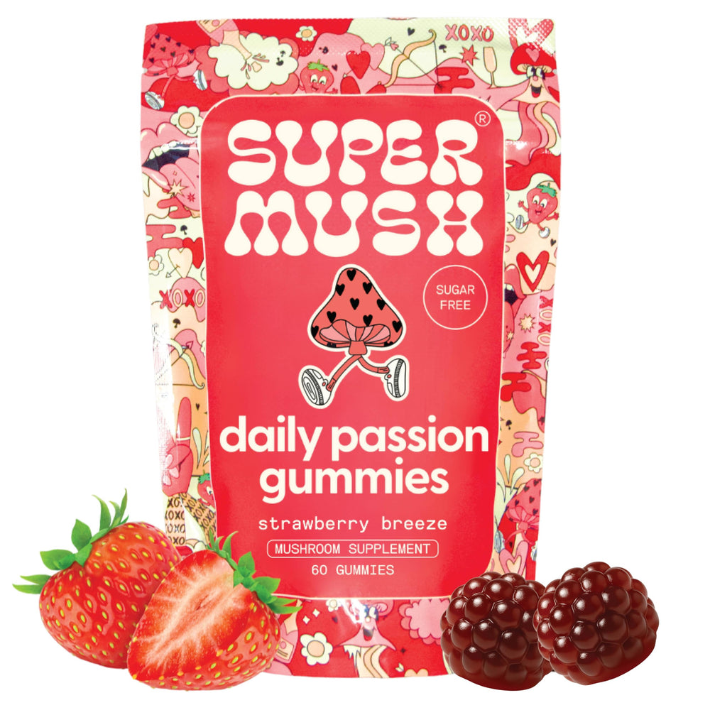 SuperMush Horny Goat Weed Gummies bottle closeup showing organic formula for daily vitality