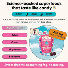 Close-up of SuperMush Sleep Gummies highlighting texture for easy nightly routine.