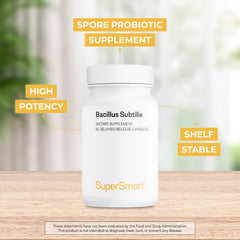 Supersmart Bacillus Subtilis 3 Billion CFU label detail noting non-GMO and gluten-free formula