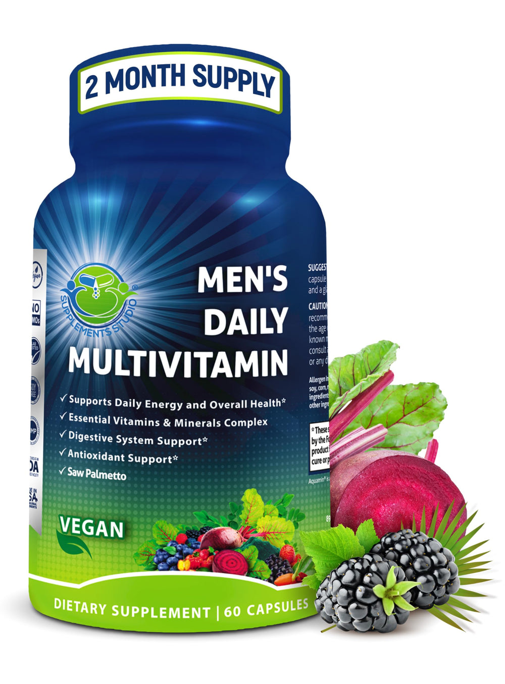 SUPPLEMENTS STUDIO Men’s Daily Multivitamin bottle front supports daily energy and focus.