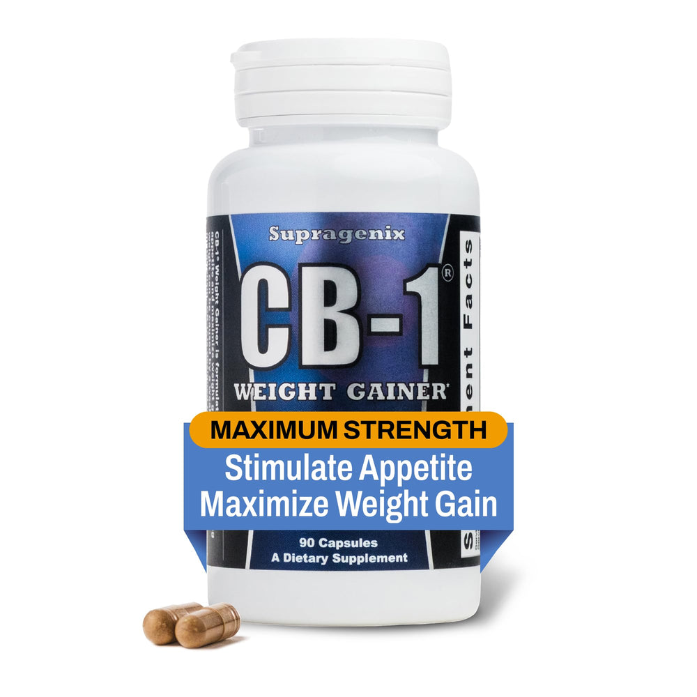 Supragenix CB-1 weight gainer bottle with capsules supports steady appetite and mass gain.