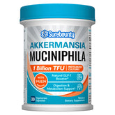 Surebounty Akkermansia bottle front showing vegan probiotic formula for daily use