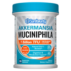 Surebounty Akkermansia bottle front showing vegan probiotic formula for daily use