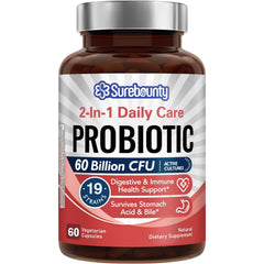 Surebounty Probiotics bottle front view showing 60B CFU and 19 strains for daily gut support.