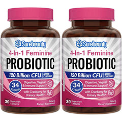 Surebounty Probiotics for Women bottle showing high potency formulation for daily gut and vaginal support