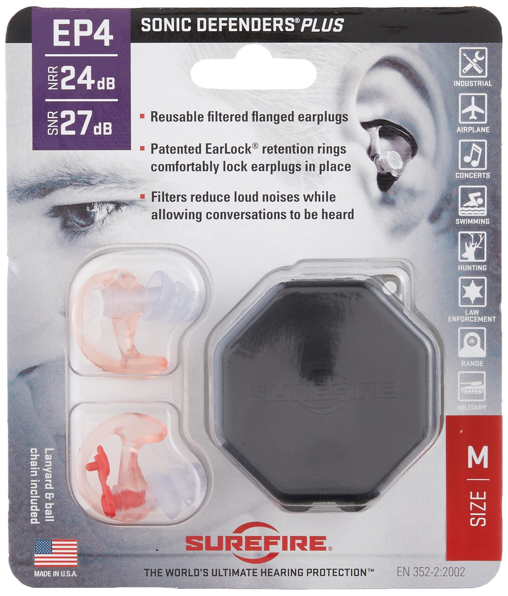 SureFire EP4 Sonic Defenders Plus earplugs with triple-flanged fit for all-day comfort.